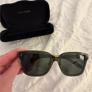 Linda Farrow Olive Green Square Sunglasses with Gold Accents
